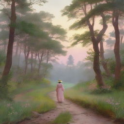 A peaceful nature scene at dawn, featuring a winding path illuminated by the soft glow of the early morning light