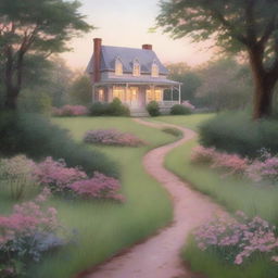 A tranquil nature scene at dawn, featuring a winding path illuminated by the soft glow of the early morning light