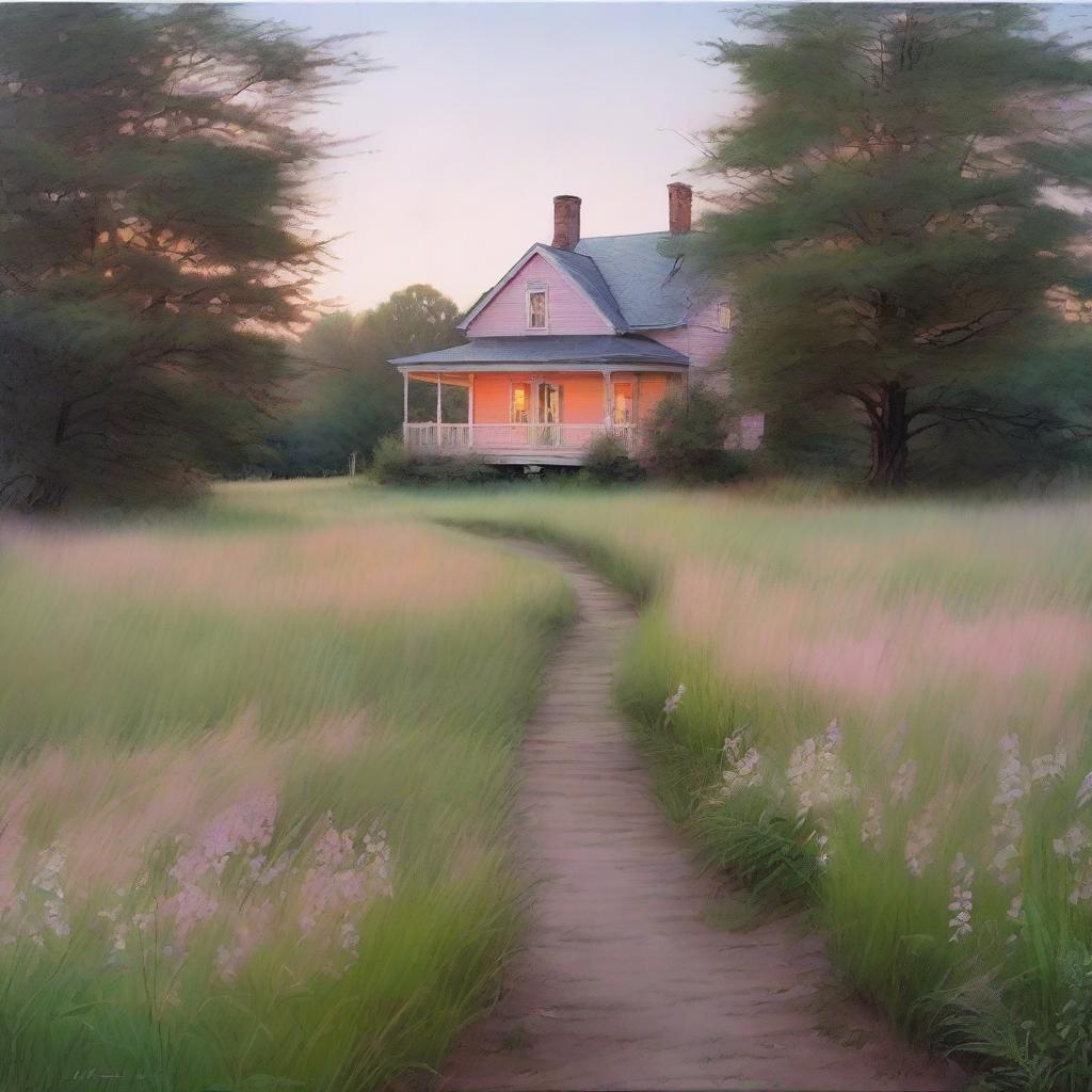 A serene nature scene at dawn, featuring a winding path through tall grass illuminated by the soft glow of the early morning light