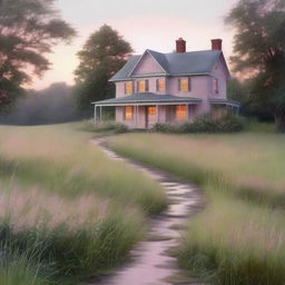 A serene nature scene at dawn, featuring a winding path through tall grass illuminated by the soft glow of the early morning light