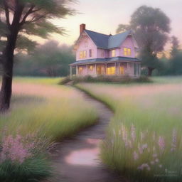 A serene nature scene at dawn, featuring a winding path through tall grass illuminated by the soft glow of the early morning light