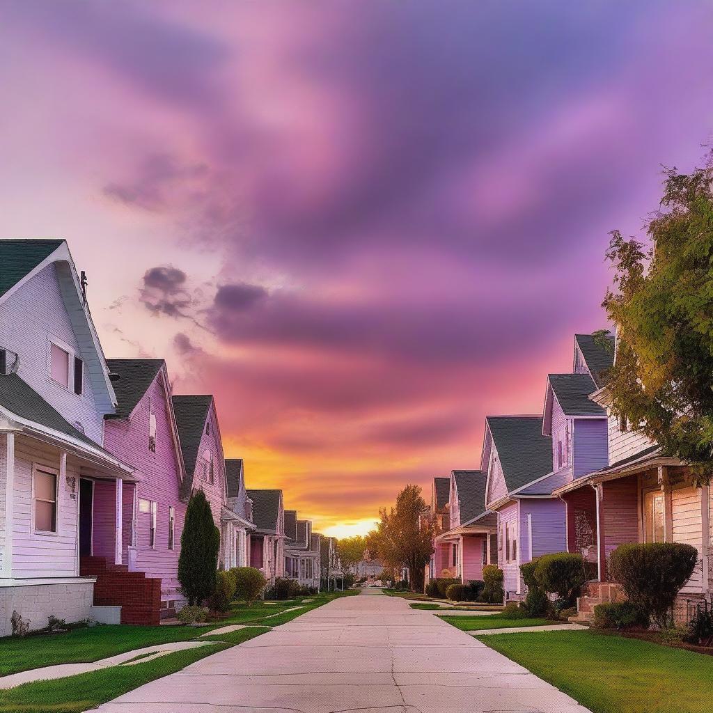 A beautiful sunset casting a warm glow over a small neighborhood with cozy houses