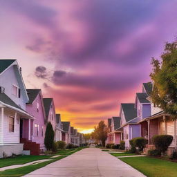 A beautiful sunset casting a warm glow over a small neighborhood with cozy houses