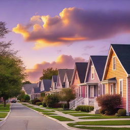 A beautiful sunset casting a warm glow over a small neighborhood with cozy houses