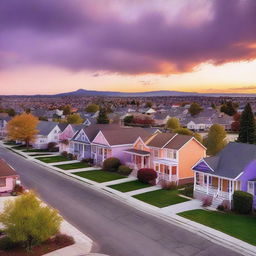 A beautiful sunset casting a warm glow over a small neighborhood with cozy houses