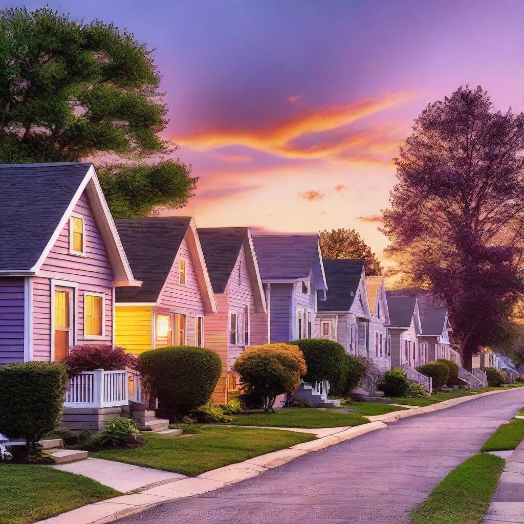 A beautiful sunset casting a warm glow over a small neighborhood with cozy houses