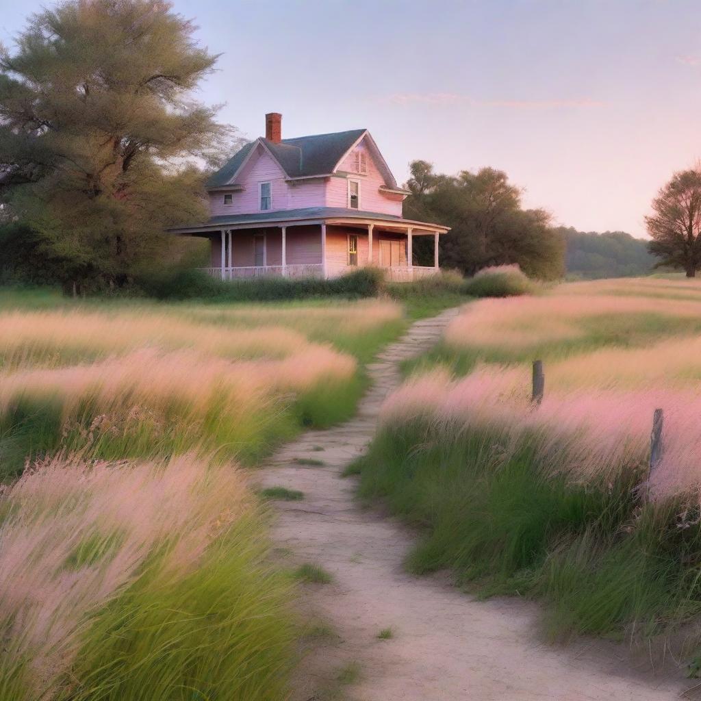 A serene nature scene at dawn, featuring a dirt path winding through tall grass illuminated by the soft glow of the early morning light