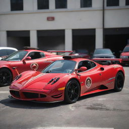 Pagani cars converted into quick response fire engines, adorned in bright red paint, fire department emblems, emergency lights, and equipped with essential firefighting gear.