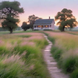 A serene nature scene at dawn, featuring a dirt path winding through tall grass illuminated by the soft glow of the early morning light