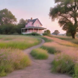 A serene nature scene at dawn, featuring a dirt path winding through tall grass illuminated by the soft glow of the early morning light