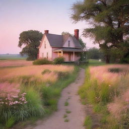 A serene nature scene at dawn, featuring a dirt path winding through tall grass illuminated by the soft glow of the early morning light