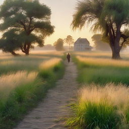 A serene nature scene at dawn, featuring tall grass illuminated by the soft glow of the early morning light