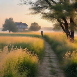 A serene nature scene at dawn, featuring tall grass illuminated by the soft glow of the early morning light