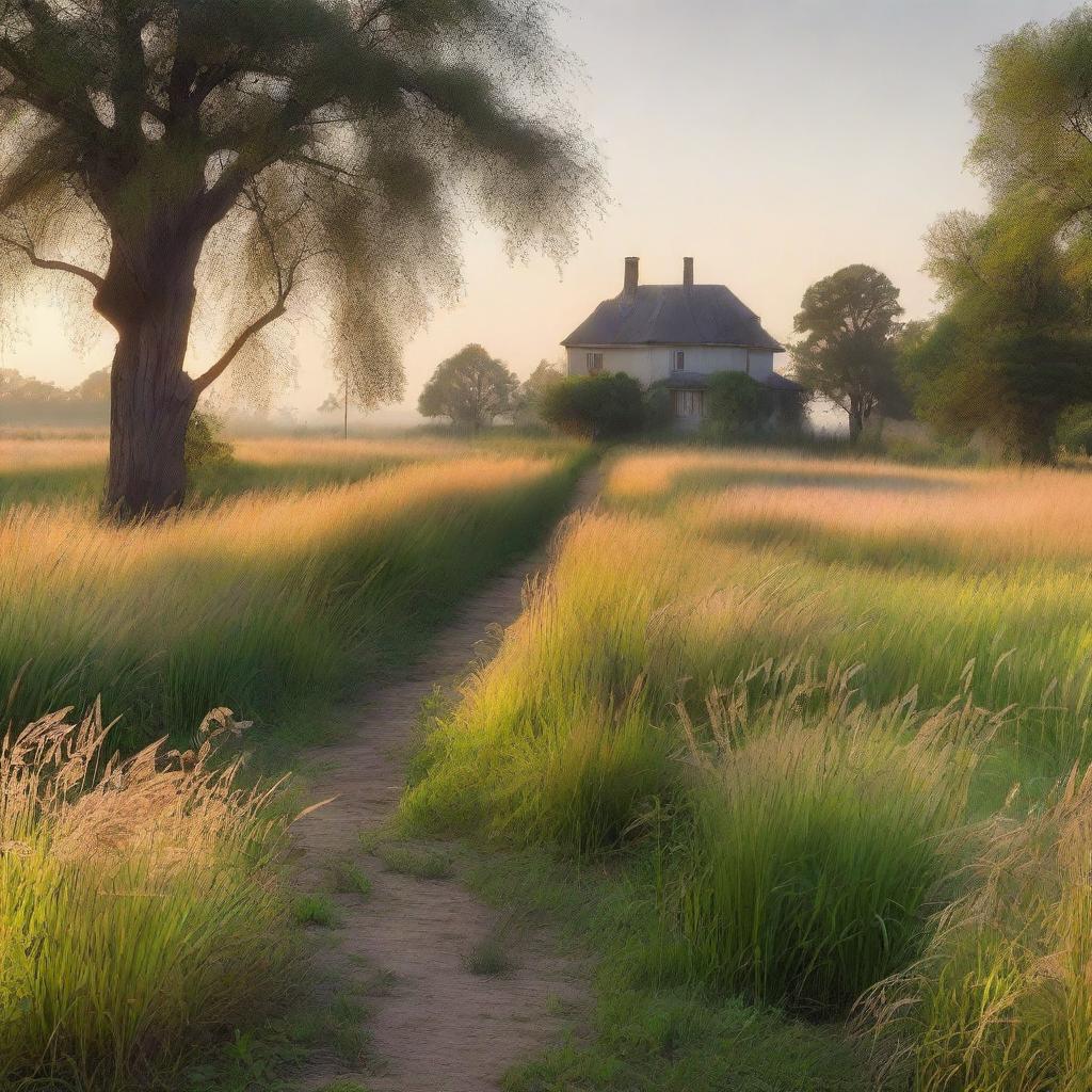 A serene nature scene at dawn, featuring tall grass illuminated by the soft glow of the early morning light