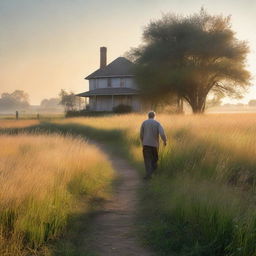 A serene nature scene at dawn, featuring tall grass illuminated by the soft glow of the early morning light