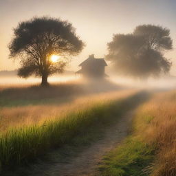 A serene nature scene featuring tall grass illuminated by the dawn's glow on a misty early morning