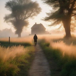 A serene nature scene featuring tall grass illuminated by the dawn's glow on a misty early morning