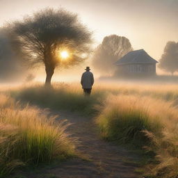 A serene nature scene featuring tall grass illuminated by the dawn's glow on a misty early morning