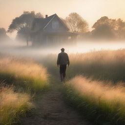 A serene nature scene featuring tall grass illuminated by the dawn's glow on a misty early morning