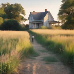 A serene nature scene with tall grass glowing in the dawn light