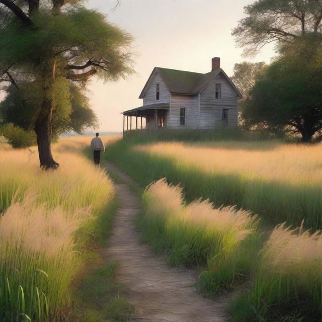 A serene nature scene with tall grass glowing in the dawn light