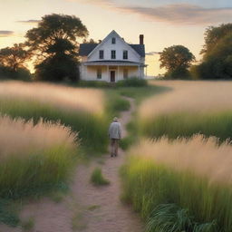 A serene nature scene with tall grass glowing in the dawn light