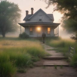 A serene nature scene with tall grass glowing in the dawn light and a light mist