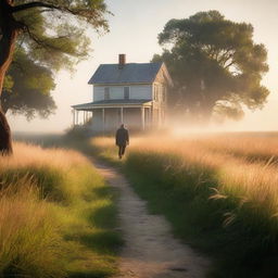 A serene nature scene with tall grass glowing in the dawn light and a light mist