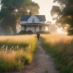 A serene nature scene with tall grass glowing in the dawn light and a light mist