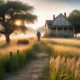 A serene nature scene with tall grass glowing in the dawn light and a light mist