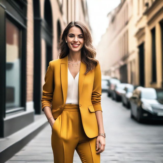 A beautiful and confident young woman with a stylish outfit, striking a pose in an urban setting