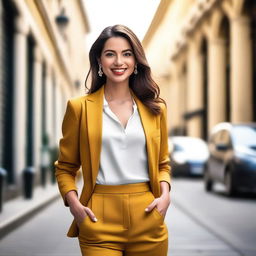 A beautiful and confident young woman with a stylish outfit, striking a pose in an urban setting