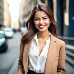 A beautiful and confident young woman with a stylish outfit, striking a pose in an urban setting