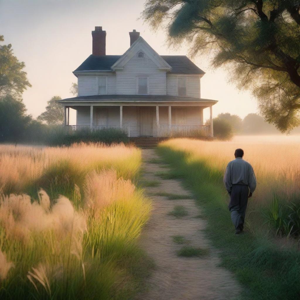 A serene nature scene with tall grass glowing in the dawn light and a light mist