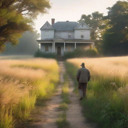 A serene nature scene with tall grass glowing in the dawn light and a light mist