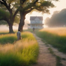 A serene nature scene with tall grass glowing in the dawn light and a light mist