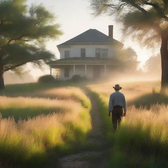 A serene nature scene with tall grass glowing in the dawn light and a light mist