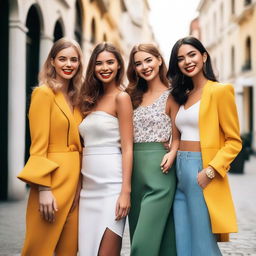 A group of attractive and confident young women in fashionable outfits, posing together in a vibrant cityscape