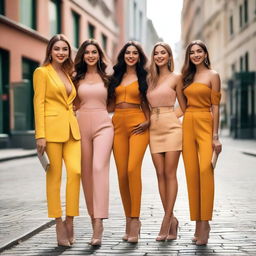 A group of attractive and confident young women in fashionable outfits, posing together in a vibrant cityscape