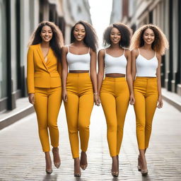 A group of attractive and confident young women in fashionable outfits, posing together in a vibrant cityscape