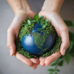 Large, gentle hands cradling a verdant, miniature Earth, overflowing with lush greenery and vibrant life.