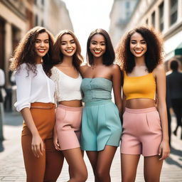 A group of attractive and confident young women in fashionable outfits, posing together in a vibrant cityscape