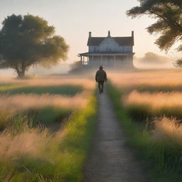 A serene nature scene with tall grass glowing in the dawn light and a light mist