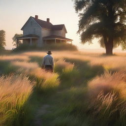 A serene nature scene with tall grass glowing in the dawn light and a light mist