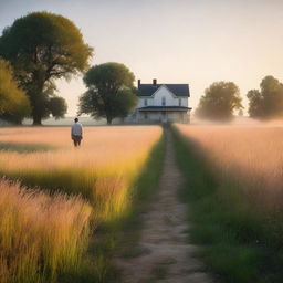 A serene nature scene with tall grass glowing in the dawn light and a light mist