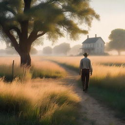 A serene nature scene with tall grass glowing in the dawn light and a light mist