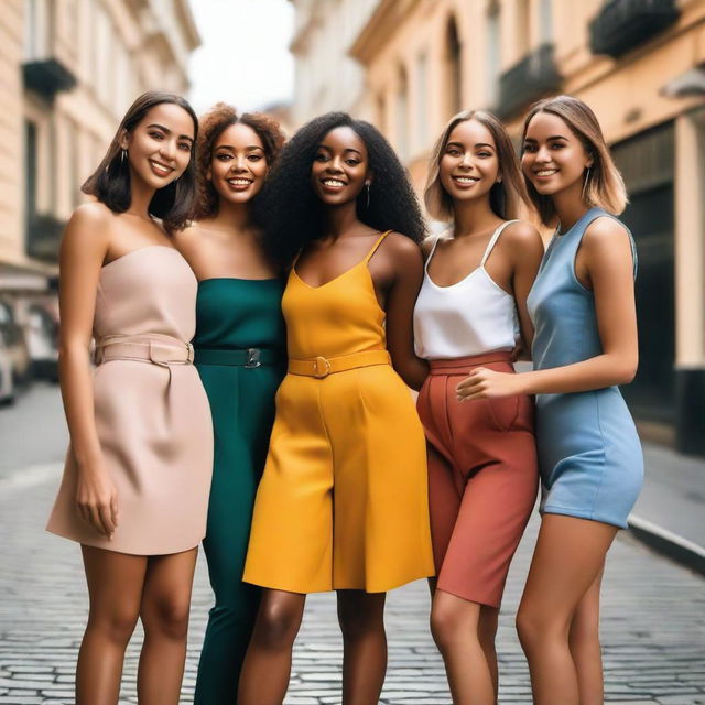 A group of attractive and confident young women in fashionable outfits, posing together in a vibrant cityscape