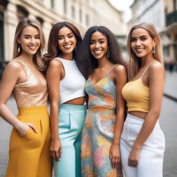 A group of attractive and confident young women in fashionable outfits, posing together in a vibrant cityscape