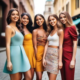 A group of attractive and confident young women in fashionable outfits, posing together in a vibrant cityscape