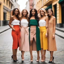 A group of attractive and confident young women in fashionable outfits, posing together in a vibrant cityscape